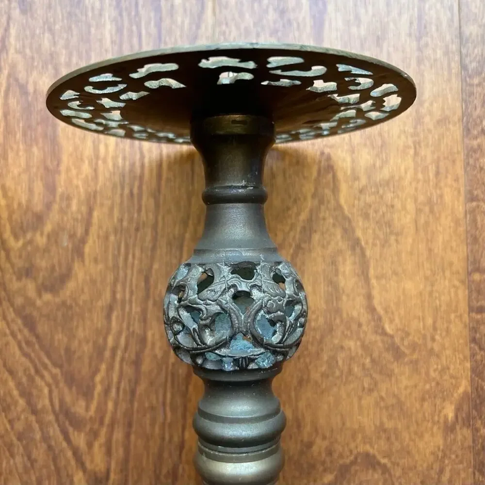 Vintage Oversized Moroccan Pierced Brass Candle Holders, Set of 2, Nice Patina
